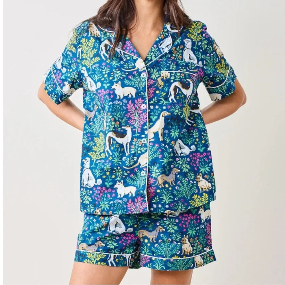 Printfresh Blue Floral & Dog-Print Short Pajama Set